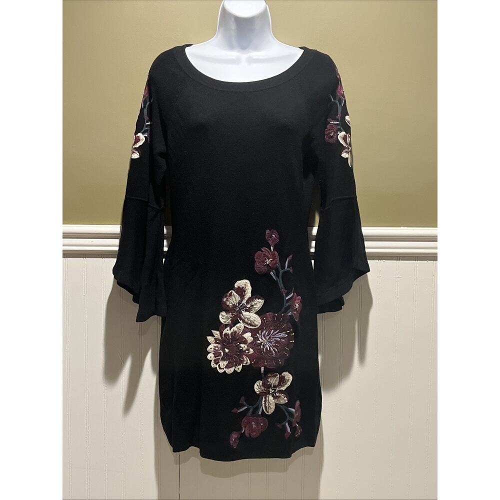 INC Black Embroidered Dress – Bell Sleeve Floral Shift – Women’s M